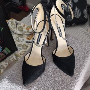 Nine West Black Heels with Silver Ankle Chain Accent